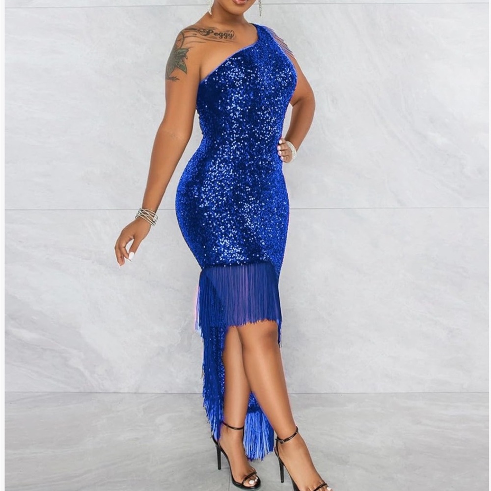 One-Shoulder Royal Blue Sequin Fringe Dress